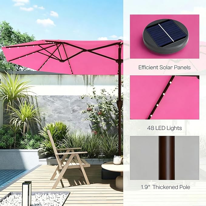 15ft Large Patio Umbrella with Solar Lights and Base, Double-Sided Outdoor Rectangle Umbrella with 48 LED Lights, Market Table Umbrellas with UV Resistant Canopy