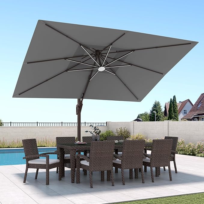 9 X 12 FT Cantilever Patio Umbrella with Led Lights and Base Included Outdoor Heavy Duty Double Top Rectangle Offset Umbrellas with 360-degree Rotation for Pool Deck Backyard, Grey