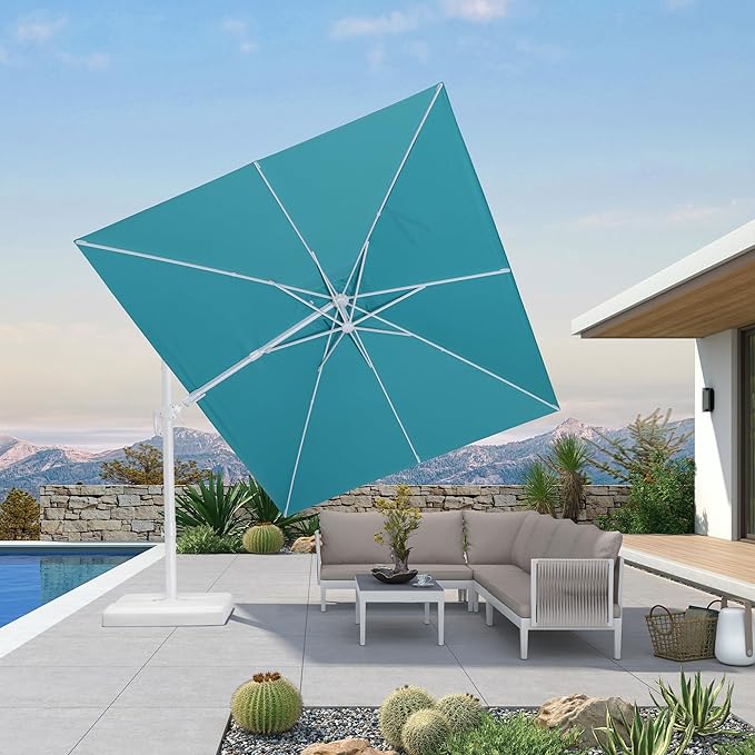 PURPLE LEAF 9' X 12' Right-left Tilt Patio Umbrella Swivel White Cantilever Umbrella with Tilt Aluminum Outdoor Umbrella with 360° Rotation for Deck Pool Garden, Turquoise