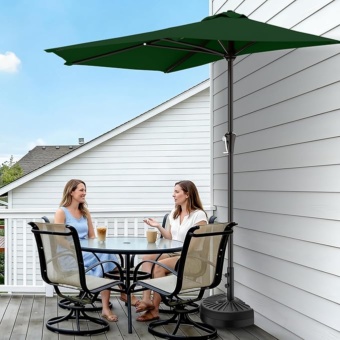 AreShark 9FT Half Patio Umbrella, Outdoor Wall Umbrella with Crank & 5 Sturdy Ribs, Table 1/2 Umbrella Patio for Garden, Deck, Balcony and Pool, Dark Green