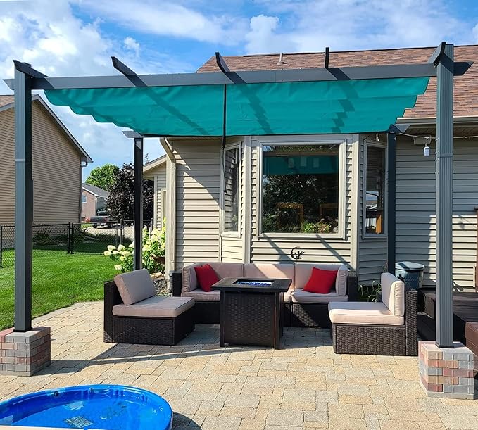 PURPLE LEAF 10' X 13' Outdoor Retractable Pergola with Sun Shade Canopy Patio Metal Shelter for Garden Porch Beach Pavilion Grill Gazebo Modern Yard Grape Trellis Pergola, Turquoise Blue
