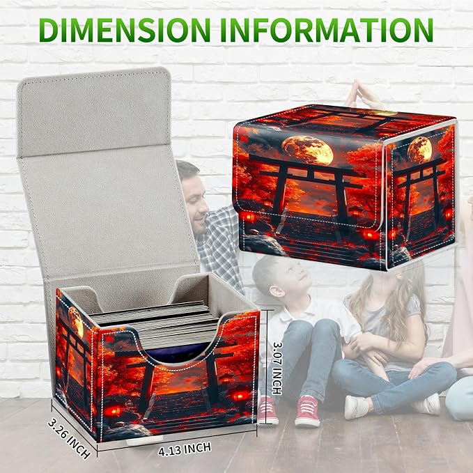 Card Deck Box for MTG, Cards Storage Box Fits 120+ Sleeved, Leather Small Size Strong Magnetic Closing Card Case for Board Games Magic TCG CCG Baseball Collection, Red Maple Leaf Moon