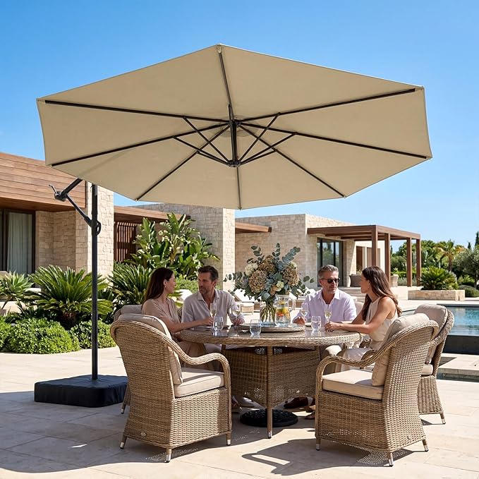 10ft Cantilever Offset Patio Umbrella with Base, Large Outdoor Patio Umbrella, 360° Rotation & Easy Tilt Adjustment, UV Protection Waterproof Patio Umbrellas for Backyard, Garden, Patio, Deck, Pool