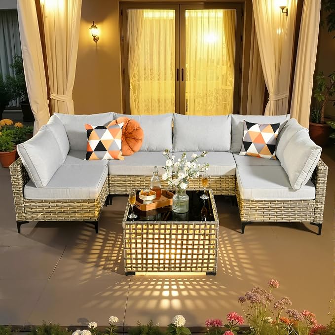 7 Pieces Patio Sectional Furniture Set, Outdoor Wicker Sectional Couch with Solar Lights Table, Modern Conversation Set for Porch Balcony Backyard, Gray