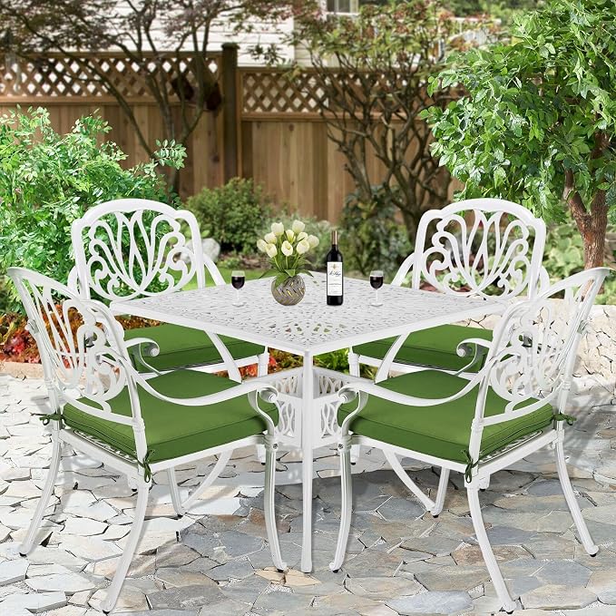 5-Piece Outdoor Patio Dining Set, All-Weather Cast Aluminum Patio Furniture Set for Backyard Garden Deck with 4 Chairs, 4 Cushions and 35.4” Square Table, 2.2" Umbrella Hole, White