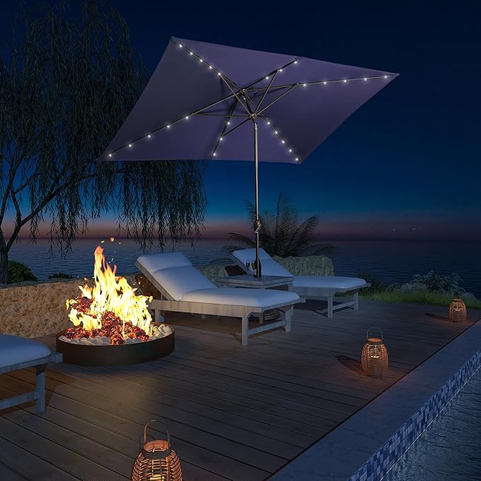 MONDAWE Rectangular Market Umbrella with Lights 10 x 6.5 FT Outdoor Solar LED Patio Umbrella Tilt and Crank Aluminum Commercial Table Umbrella for Pool Backyard Balcony
