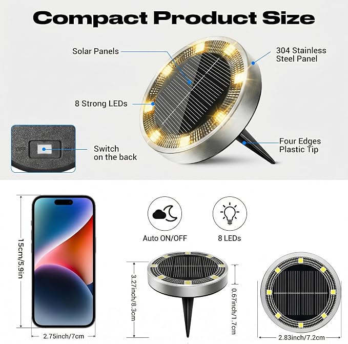 Solar Lights Outdoor Waterproof -12 Pack Solar Ground Lights Anti-Rust, Flat Solar Powered Disc Lights Landscape Lighting for Deck Step Patio Yard Pathway Walkway Driveway Garden, Warm White