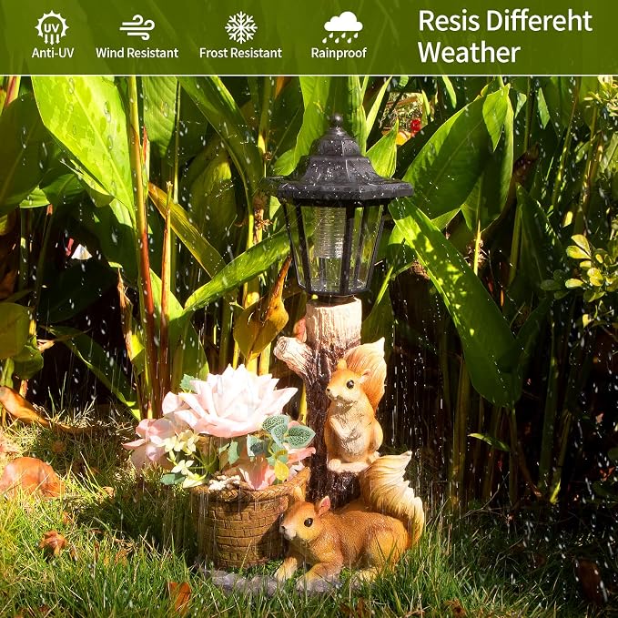 Solar Squirrels Outdoor Statues, Garden Sculpture with Flowerpot & Lantern | Cute Squirrel Figurine for Yard Art Lawn Ornaments Porch Patio Balcony - Birthday Gifts for Women Mom