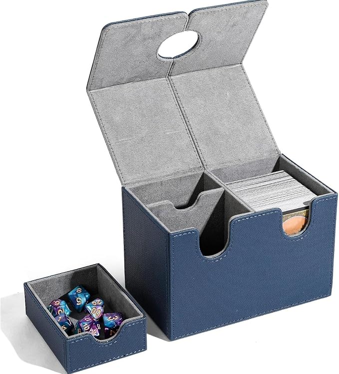 EVGATSAUTO PU Leather Card Deck Box with Detachable Dice Tray, Storage Case Holds 200+ Collectible Cards for CCG Gaming Accessories (Dark Blue)