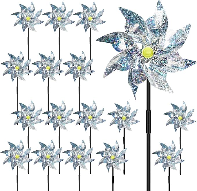 18 Pack Reflective Pinwheels for Yard and Garden,Scare Birds Away for Garden Decor,Bird Scare Devices Deterrent to Scare Birds,Keep Birds Away (Assembly Required)