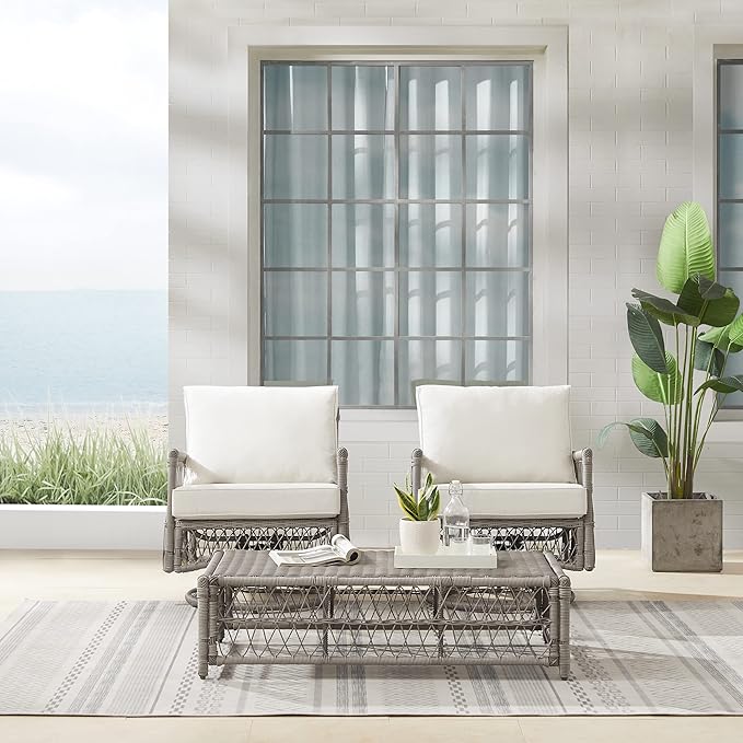 Crosley Furniture Thatcher 3-Piece Outdoor Swivel Rocker Chair and Ottoman Patio Furniture Set, Wicker Conversation Sets for Porch, Driftwood with Creme Cushions