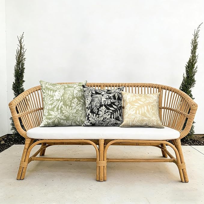 Outdoor Pillows with Insert 16x16 Inch, Waterproof Throw Pillow for Patio Furniture, Decorative Back Cushion for Garden Home Sofa Office Chair, Set of 2, Tropical Leaf Oat