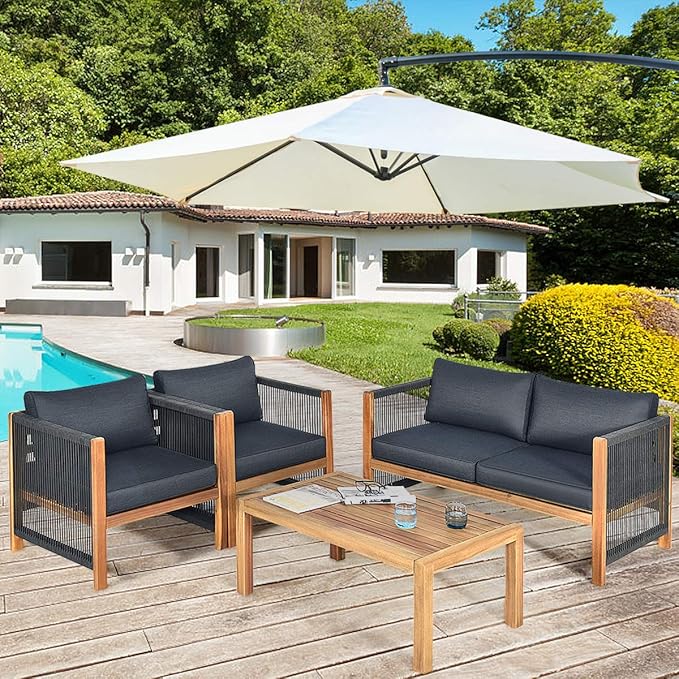 Tangkula Outdoor Wood Furniture Set, Acacia Frame Loveseat Sofa, 2 Single Chairs and Coffee Table, 4 Pieces Conversation Set with Cushions, Garden Balcony Poolside Living (1, Grey)