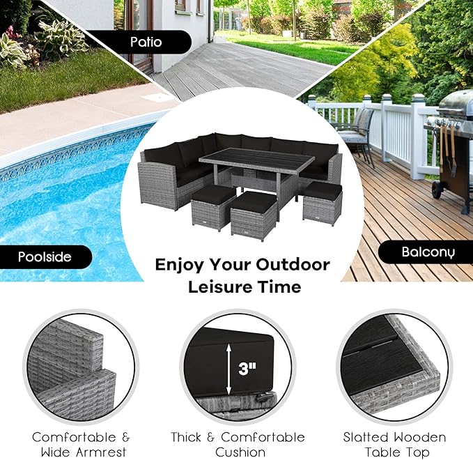 RELAX4LIFE 7 PCS Wicker Patio Furniture Set, Outdoor Rattan Sofa Set with Dining Table & Ottomans Soft Cushions for Backyard Garden Poolside Balcony, Sectional Conversation Couch Set (Black)
