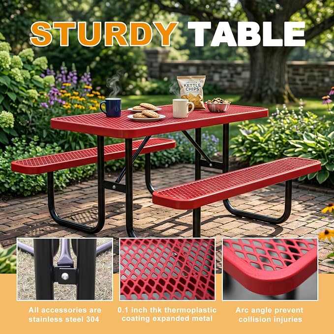 4ft Rectangular Picnic Table – Heavy-Duty Metal Mesh Outdoor Dining Table, Thermoplastic Coated Steel, Outdoor Living, Parks & Schools (red)