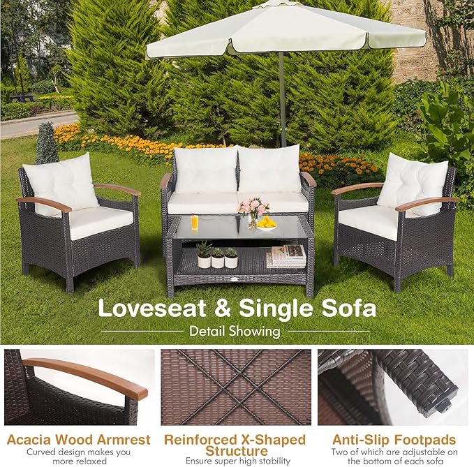 Tangkula 4 Piece Patio Rattan Conversation Set, Outdoor Wicker Sofa Set W/2-Layer Coffee Table, Backrest & Seat Cushions, Acacia Wood Curved Armrests, Suitable for Poolside, Backyard, Deck (1, White)