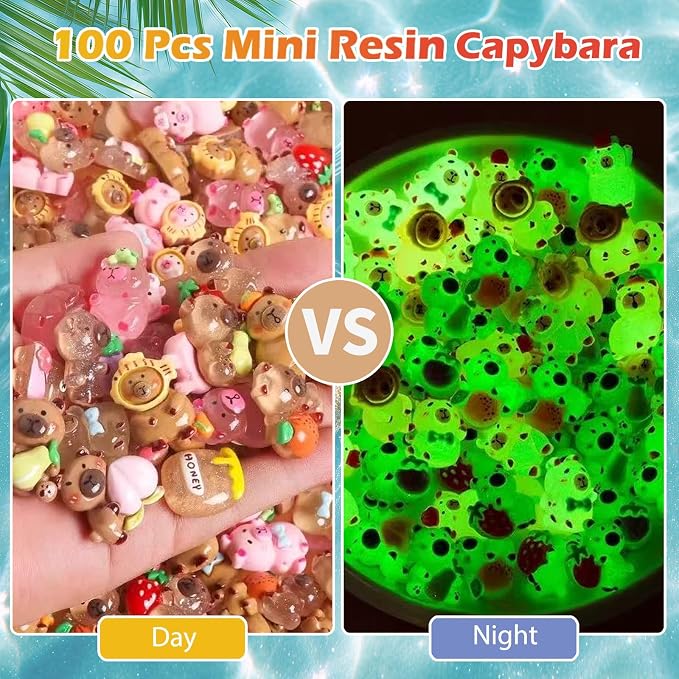 100 Pcs Mystery Capybara Blind Bag: Mini Glow and Classic Resin Capybara Figures Bulk, Mini Capybara Resin Animals for Fairy Garden, Dollhouse Décor, Collectible Surprise