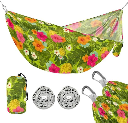 Camping Hammock Outdoor Hammocks for Outside Hibiscus Pineapple Green Beach Trees Portable Lightweight with Pockets Tree Straps Indoor