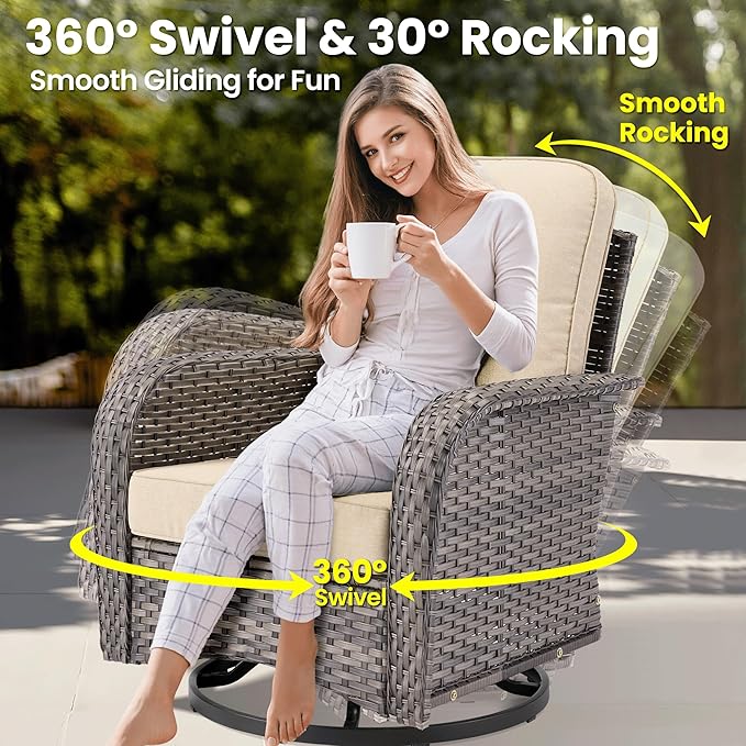 ovios 8 Pieces Patio Furniture Set, Outdoor Wicker Sofa Couch with Rocking Swivel Chairs Solar Lights Table, Modern Deep Seat Rattan Conversation Sets for Deck Porch, Beige