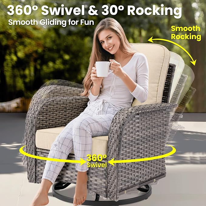 ovios 9 Pieces Patio Furniture Set, Outdoor Wicker Sofa Couch with Swivel Glider Chairs Fire Pit Table, Modern Deep Seat Rattan Conversation Sets for Deck Porch, Beige