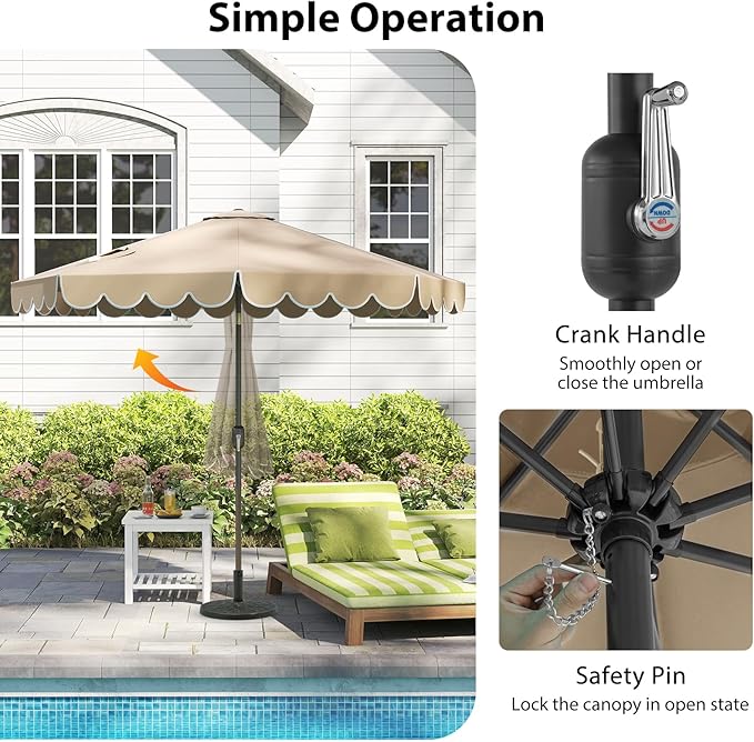 HAPPYGRILL 10 FT Patio Umbrella, Market Table Umbrella w/Crank, Push Button Tilt, Ruffled Edges, Vented Top & 8 Ribs, Outdoor Sun Shade for Poolside Backyard Beach