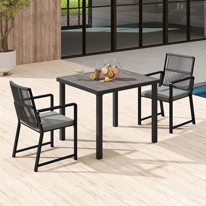 3 Pieces Outdoor Dinning Set Featuring 1 Aluminum Table and 2 Iron Alloy Ratten Chairs Waterproof and Rust-Proof Courtyard Style Table Garden Balcony Poolside, Black 3 Pcs
