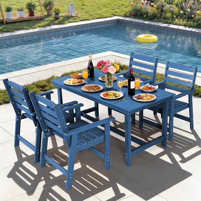 FUNBERRY Outdoor Dining Set, HDPE 5 Piece Dining Table Set with Chairs | 2" Umbrella Hole Table, Wood-Grain, HDPE All Weather, No Rot or Rust or Crack, UV Fade Shield, Easy-Clean for Outside