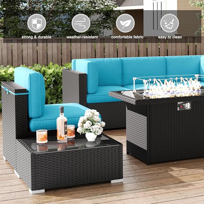 LayinSun 8 Pieces Patio Furniture Set with Fire Pit Table, Black Rattan Modular Sectional Patio Conversation Sofa Set