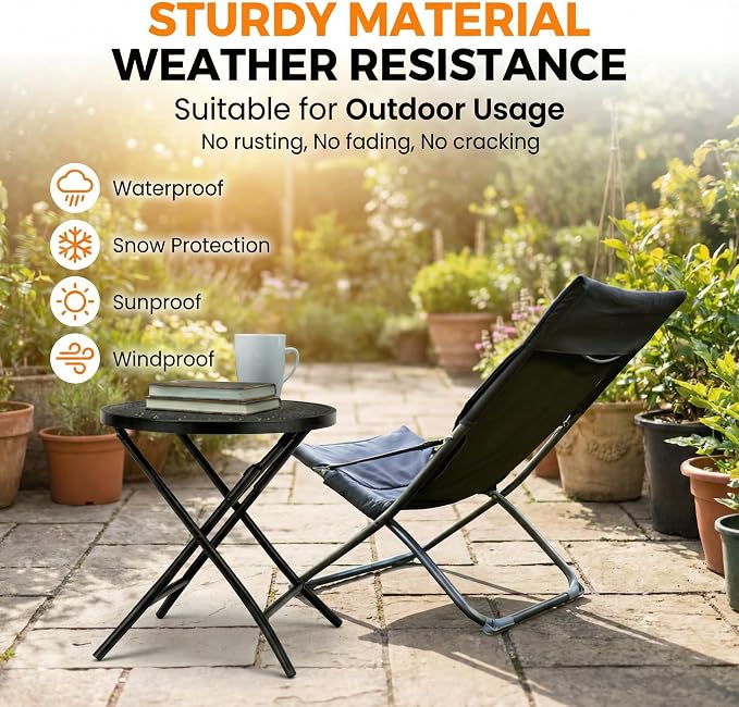 18 Inch Outdoor Round Folding Table, Black Metal Patio Side Table with Hollow Floral Design, Small Weather Resistant Steel Garden Bistro Table for Balcony, Porch, Yard