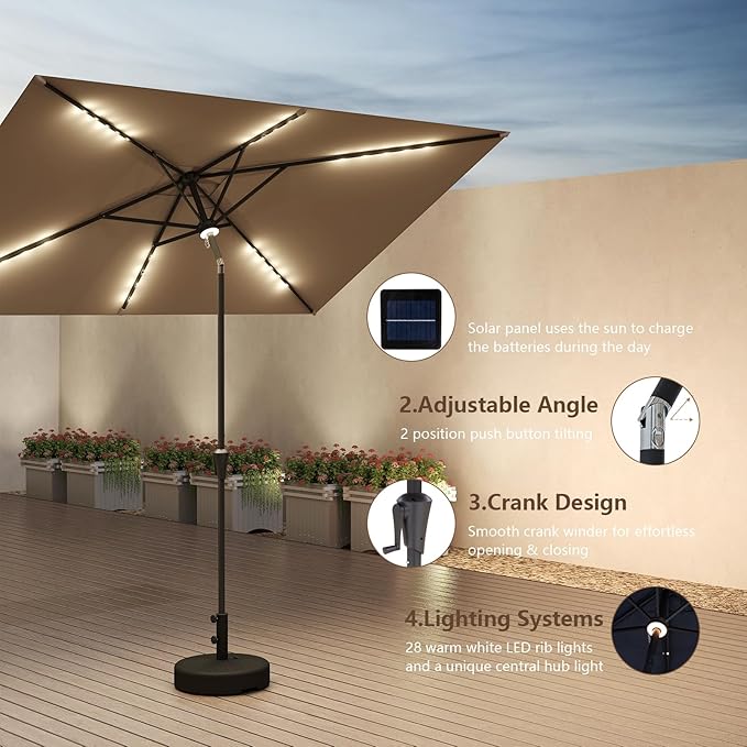 C-Hopetree Rectangular Outdoor Patio Market Umbrella with Solar LED Lights 6.5 x 10 ft