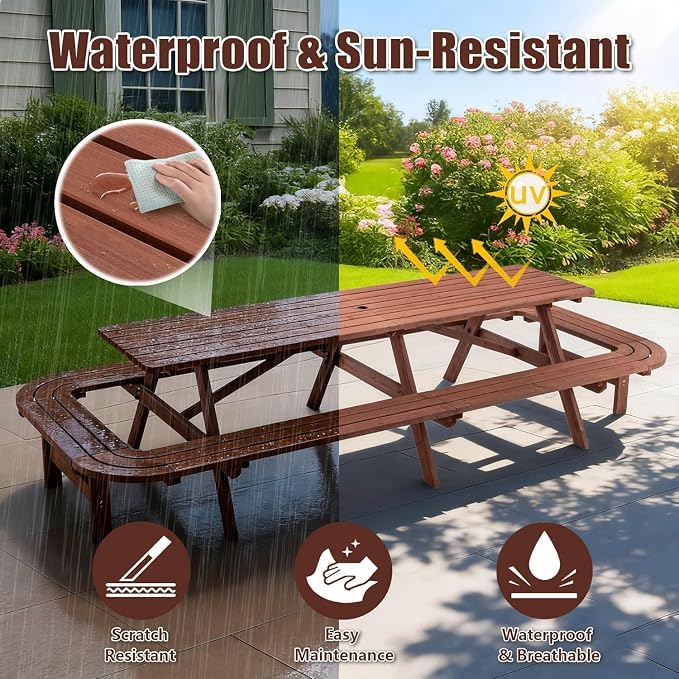 14-16 Person Wood Picnic Table with Attached Benches & Umbrella Hole,Rectangle Brown Outdoor Wooden Dining Table & Chairs for Patio Yard Garden Porch Deck