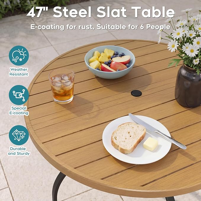47” Round Outdoor Dining Table for 6,Metal Patio Dining Table with Adjustable Umbrella Hole,All-Weather Brown Outdoor Patio Table for Porch, Garden, Backyard, Poolside, Lawn