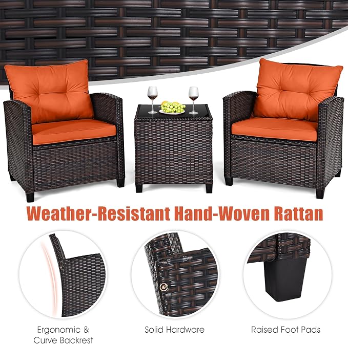 3-Pieces Patio Furniture Set, PE Wicker Chairs Sofa Set with Removable Cushions & Glass Top Side Table, Outdoor Wicker Rattan Conversation Chair for Porch,Backyard, Balcony (Orange)