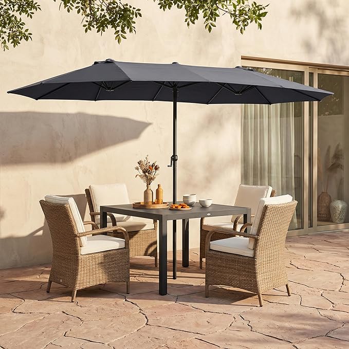15FT Large Double Sided Patio Umbrella, Aluminum Crank and Heavy Duty Carbon Steel Ribs Outdoor Umbrellas, Fade Resistant Rectangular Market Umbrella for Garden, Patio, Restaurant, Business, Deck, Backyard, Party, Navy Blue