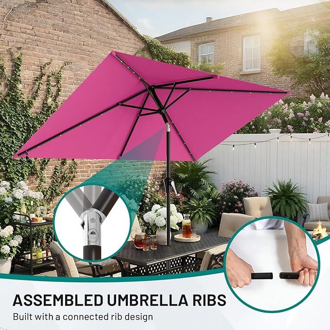 AreShark 6.5' x 10' Rectangular Patio Umbrella with Solar Lights, Solar Powered Lighted Market Umbrella w/Tilt and Crank, Outdoor Table Umbrella for Garden, Deck, Backyard, Pool and Beach, Rose Pink