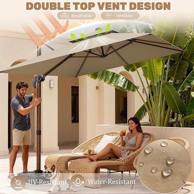 10x13FT Cantilever Outdoor Patio Umbrellas, Double Top Wood Pattern Rectangle Umbrella, Heavy Duty 360°Rotation Offset Umbrella for Garden Deck Pool Patio, Brown