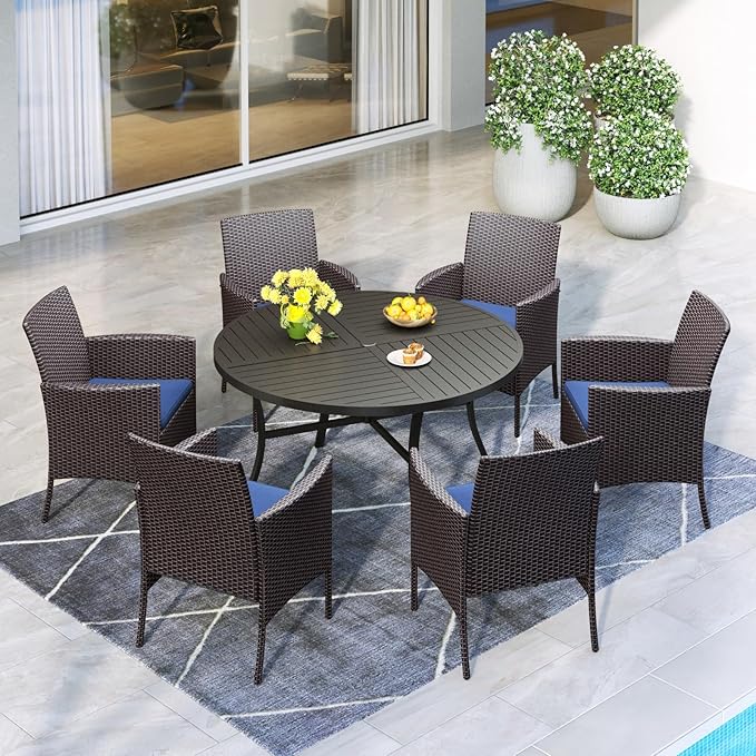 MFSTUDIO Outdoor Dining Sets for 6, Patio Table and Chairs for 6, 7 Pieces Rattan Outdoor Dining Furniture Set, Patio 54" Round Table with Chairs, Backyard, Porch