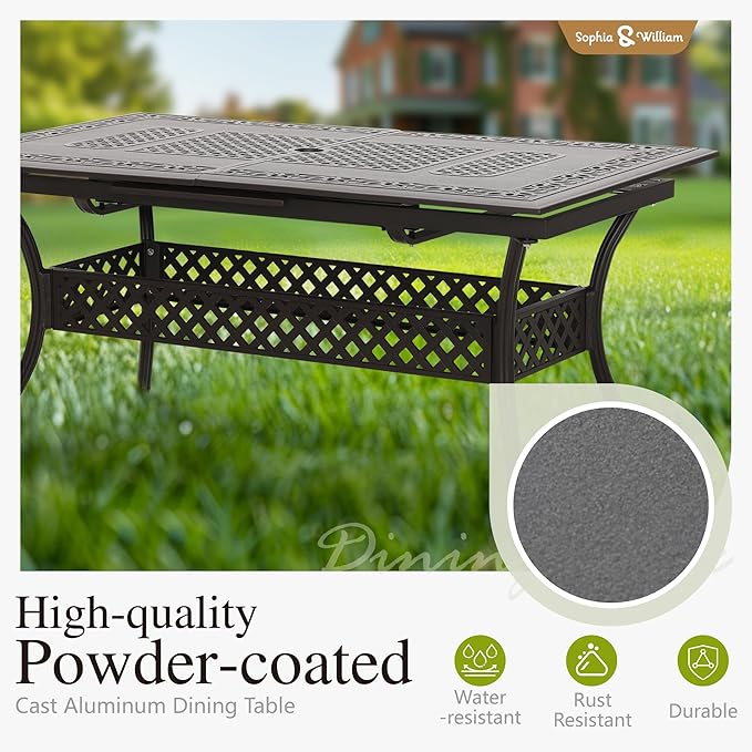 Sophia & William 7 Pieces Expandable Outdoor Dining Set for 6 People, Extendable Rectangular Cast Aluminum Patio Table and 8 Rattan Chairs Set, All Weather Patio Dining Set with 2.1?Umbrella Hole