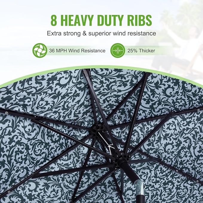 Backyard Expressions 9FT Solar Patio Umbrella with 32 LED Lights, UPF50+ UV Protection, Fade-Resistant Fabric, Easy Tilt & Crank, Outdoor Umbrella for Patio, Deck & Pool (Base Not Included)