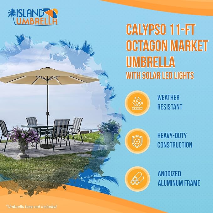 Island Umbrella Calypso 11 ft Octagon Patio Umbrella – With Crank Lift, Push-Button Tilt, Rust-Resistant Aluminum Pole, 8-Rib Frame, Solar LED Lights & Breez-Tex Weather-Resistant Canopy – Champagne