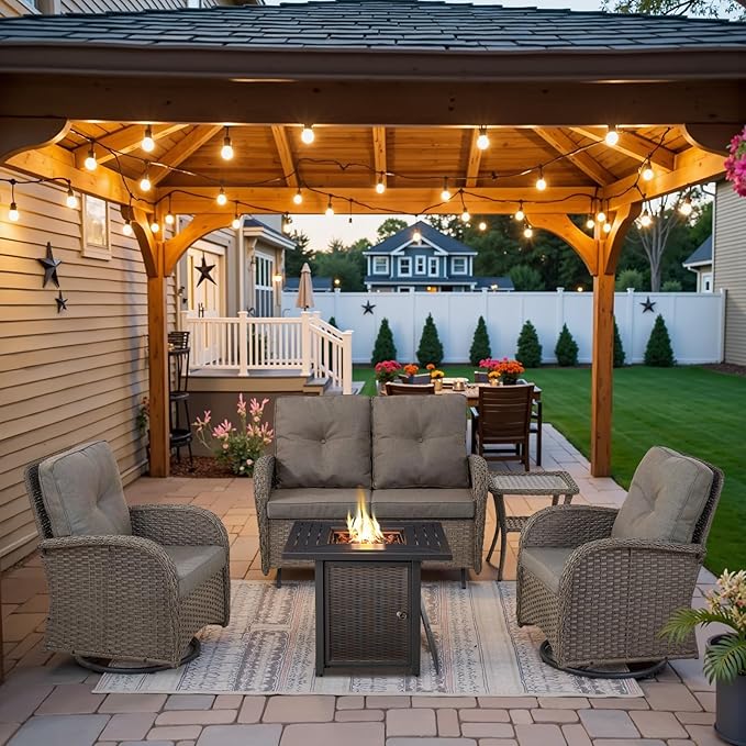 Belord 5 Pieces Patio Furniture Set with 30” Propane Fire Pit Table, Deep Seating Swivel Rocker Glider Outdoor Chairs Set of 4 with Side Table Set of 2 Patio Conversation Set Gray Wicker