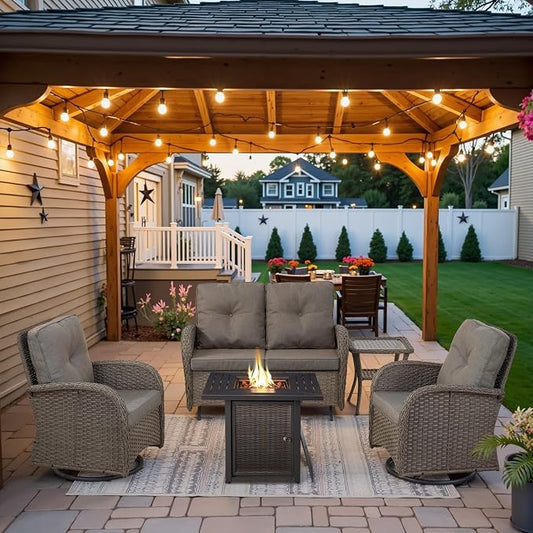 Belord 5 Pieces Patio Furniture Set with 30” Propane Fire Pit Table, Deep Seating Swivel Rocker Glider Outdoor Chairs Set of 4 with Side Table Set of 2 Patio Conversation Set Gray Wicker
