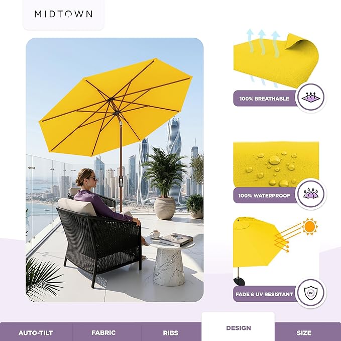 Midtown Umbrellas Wooden 2-8 Ft Patio Umbrella with 360° Swivel & Tilt Mechanism, 8 Fiberglass Ribs & Sunbrella Fabric - Outdoor Umbrella for Deck, Pool & Garden - Burgundy Canopy, Wooden Pole