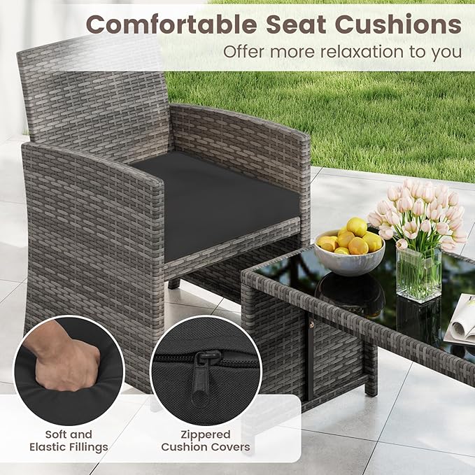 HAPPYGRILL 8 Piece Rattan Wicker Patio Conversation Set, Outdoor Furniture with Chair Loveseat Table & Cushion, for Backyard Porch Balcony (2, Black)