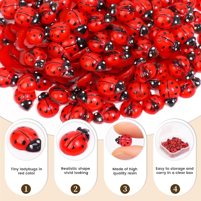 300pcs Luminous Mini Resin Ladybug Decor Tiny Ladybug for Crafts Dollhouse Miniatures Mini Resin Things Animals for Fairy Garden Micro Landscaping Home Decoration, 2 Types(0.32 * 0.4inch)