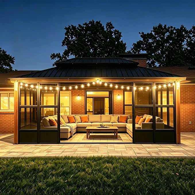PURPLE LEAF Hardtop Gazebo Sunroom 12' x 18', Enclosed Patio Solarium with Mesh & Removable PC Panels, Magnetic Sliding Doors Outdoor Living Space for Backyard Lounge, Dining & Spa and 36 Solar Lights