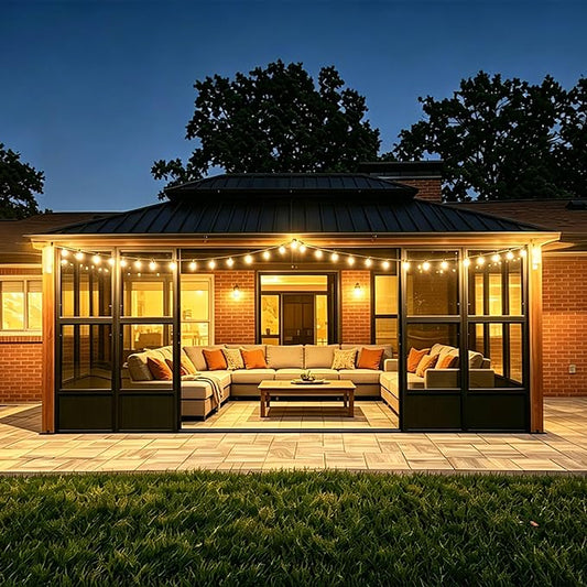 PURPLE LEAF Hardtop Gazebo Sunroom 12' x 18', Enclosed Patio Solarium with Mesh & Removable PC Panels, Magnetic Sliding Doors Outdoor Living Space for Backyard Lounge, Dining & Spa and 36 Solar Lights
