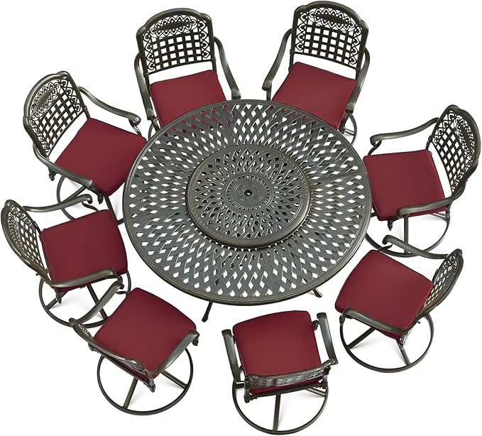 VIVIJASON 9-Piece Outdoor Furniture Dining Set, Rust-Free Cast Aluminum Patio Conversation Set, Include 8 Swivel Dining Chairs & 61" Round Dining Table with 31" Lazy Susan, Umbrella Hole, Red