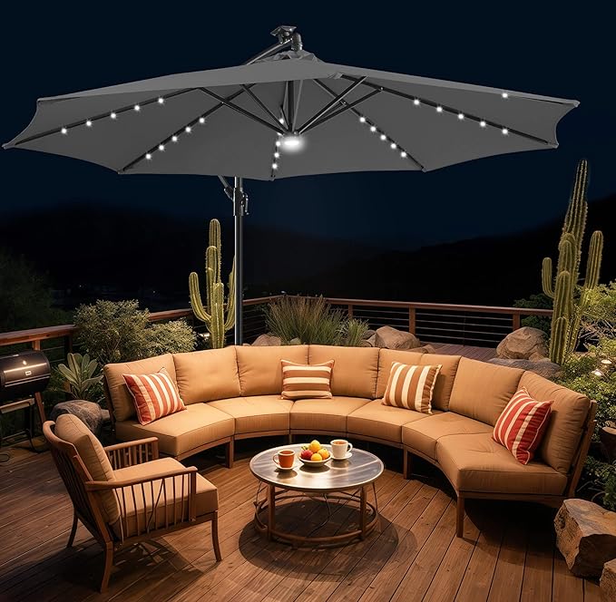 FLAME&SHADE 10ft Solar Cantilever Umbrella with 40 LED Lights, Lighted Large Offset Outdoor Patio Umbrellas, 8 Sturdy Ribs, UPF50+ UV Protection for Pool Deck Garden Yard, Anthracite