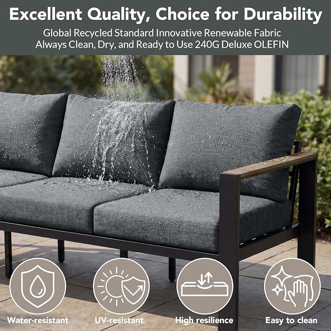 Patio Furniture Armchair Set of 2, All-Weather Patio Sofa with Washable Thick Cushion, Deluxe Aluminum Modern Outdoor Sectional for Porch, Balcony, Deck, Yard, Light Gray